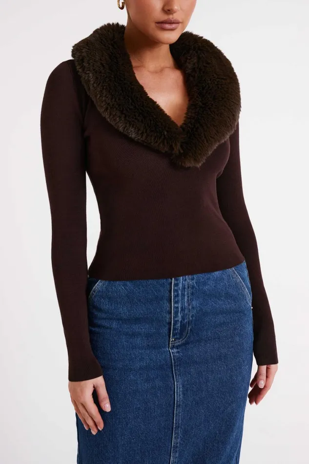 Women Meshki Tops Maieve Fur Trim Knit Top 8211 Dark Brown