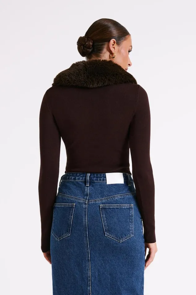 Women Meshki Tops Maieve Fur Trim Knit Top 8211 Dark Brown