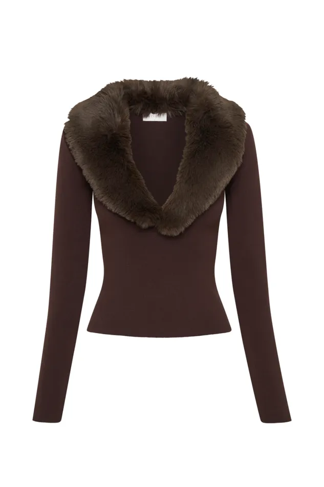 Women Meshki Tops Maieve Fur Trim Knit Top 8211 Dark Brown