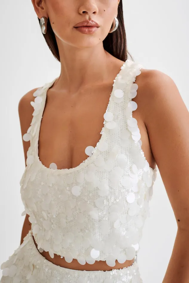 Women Meshki Tops Maude Transparent Sequin Racer Crop Top 8211 Ivory