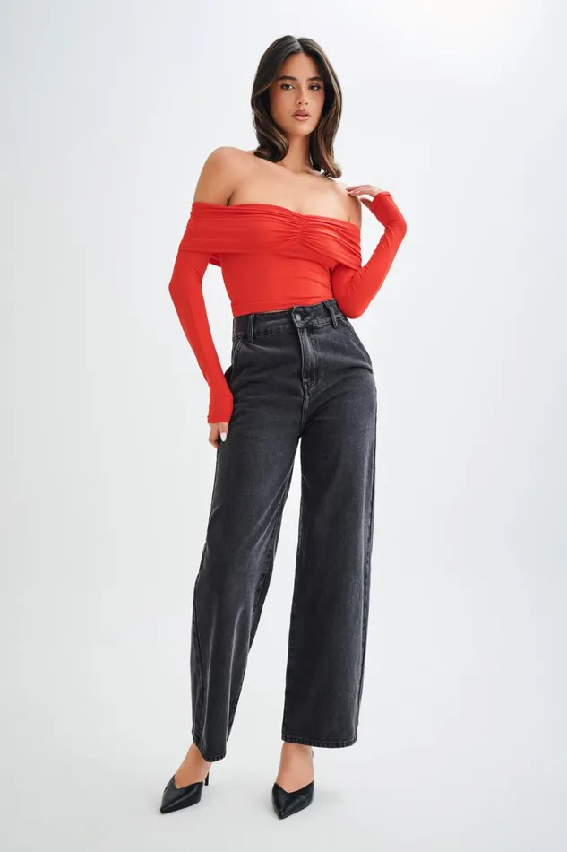 Women Meshki Tops Prue Ruched Off Shoulder Long Sleeve Top 8211 Pomegranate