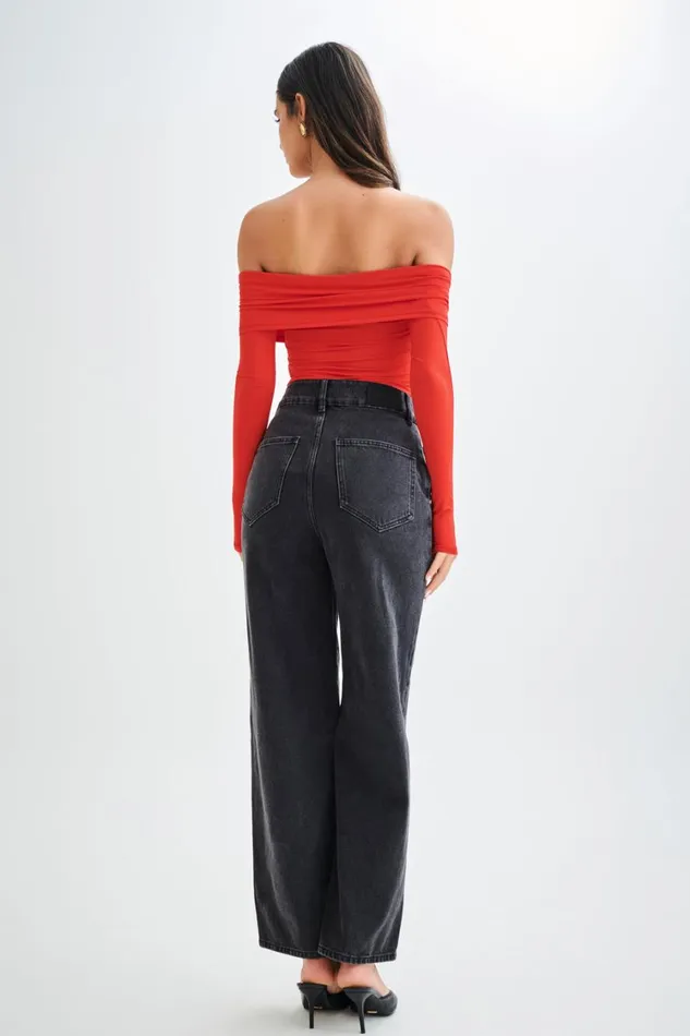 Women Meshki Tops Prue Ruched Off Shoulder Long Sleeve Top 8211 Pomegranate