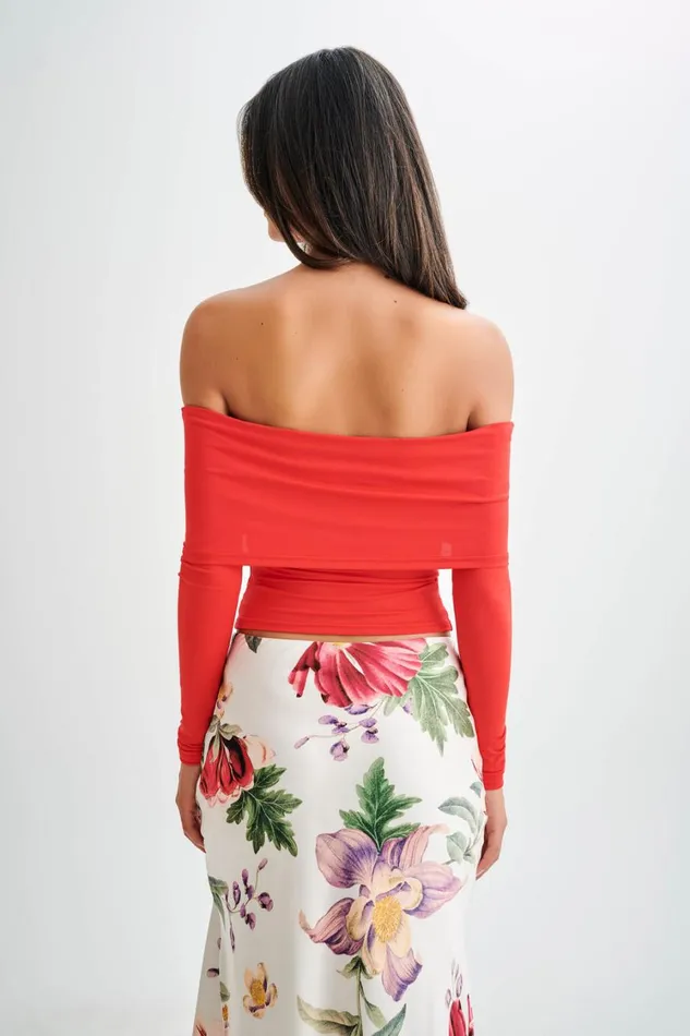 Women Meshki Tops Prue Ruched Off Shoulder Long Sleeve Top 8211 Pomegranate