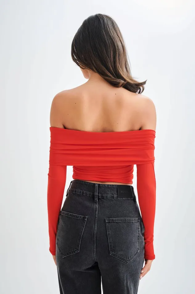 Women Meshki Tops Prue Ruched Off Shoulder Long Sleeve Top 8211 Pomegranate
