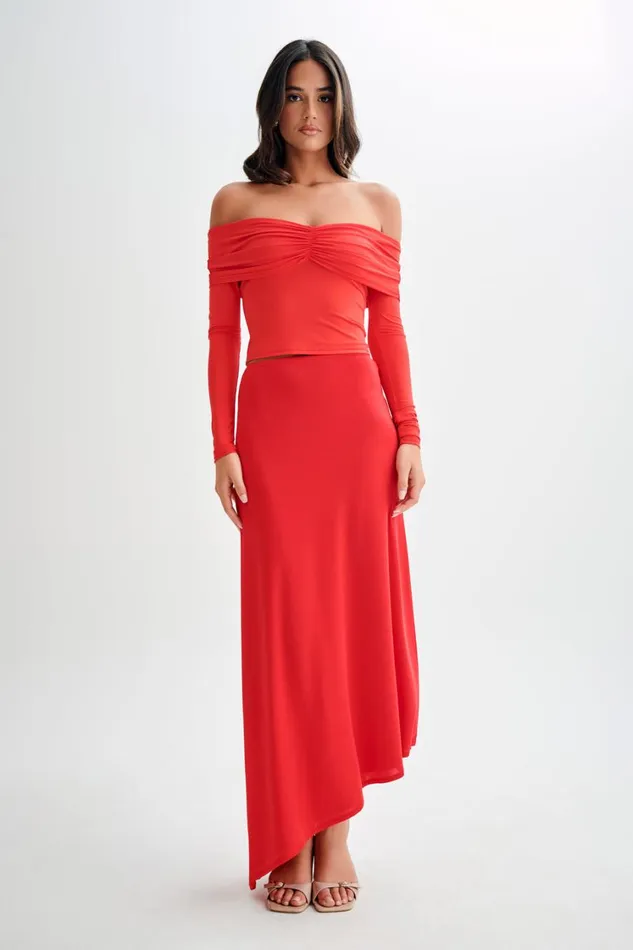 Women Meshki Tops Prue Ruched Off Shoulder Long Sleeve Top 8211 Pomegranate