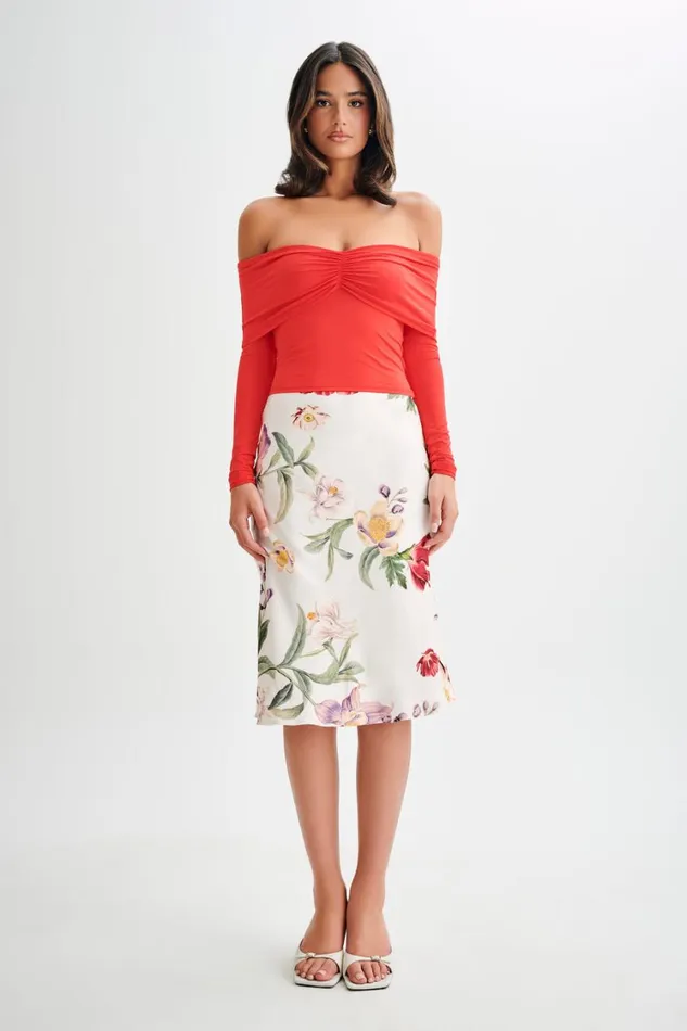 Women Meshki Tops Prue Ruched Off Shoulder Long Sleeve Top 8211 Pomegranate