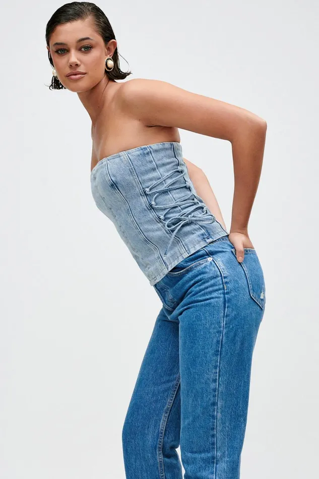 Women Meshki Tops Scheana Denim Corset 8211 Mid Blue