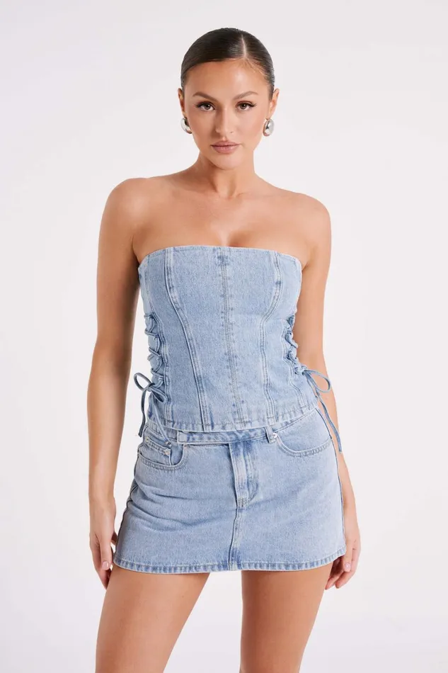 Women Meshki Tops Scheana Denim Corset 8211 Mid Blue