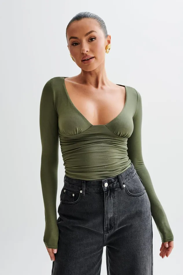 Women Meshki Tops Sutton Ruched Long Sleeve Top 8211 Military Olive