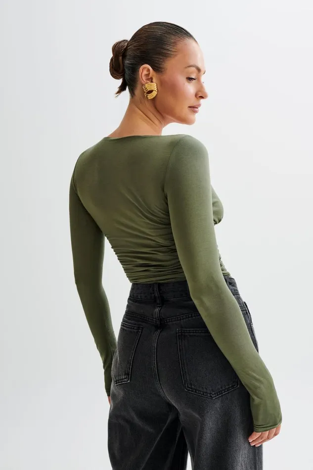 Women Meshki Tops Sutton Ruched Long Sleeve Top 8211 Military Olive
