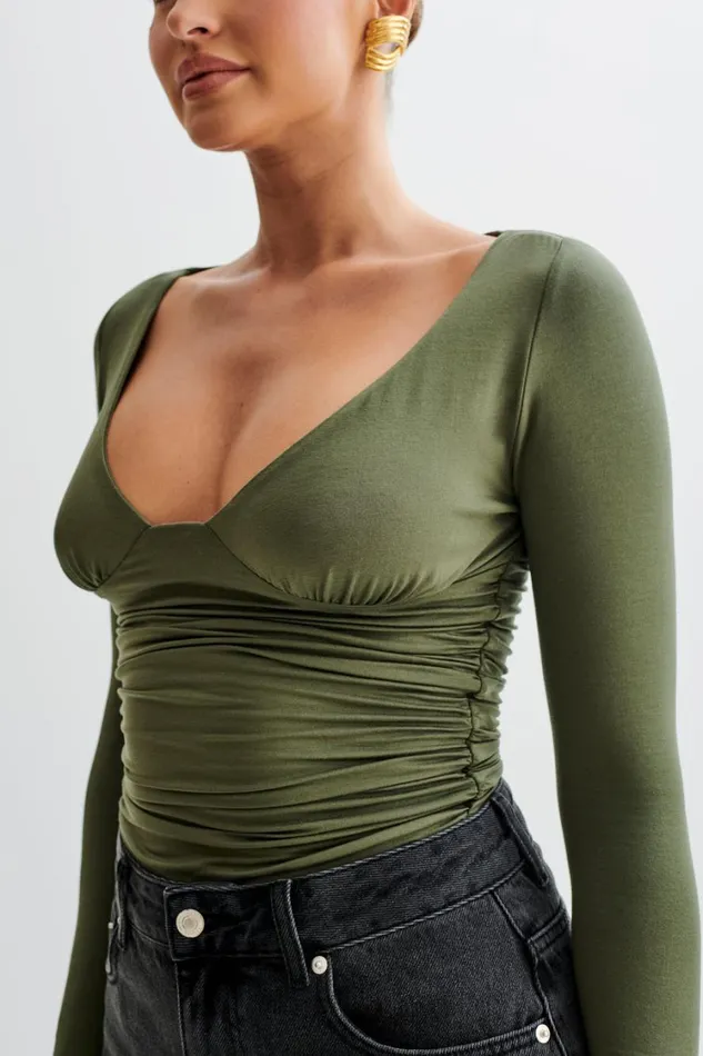 Women Meshki Tops Sutton Ruched Long Sleeve Top 8211 Military Olive