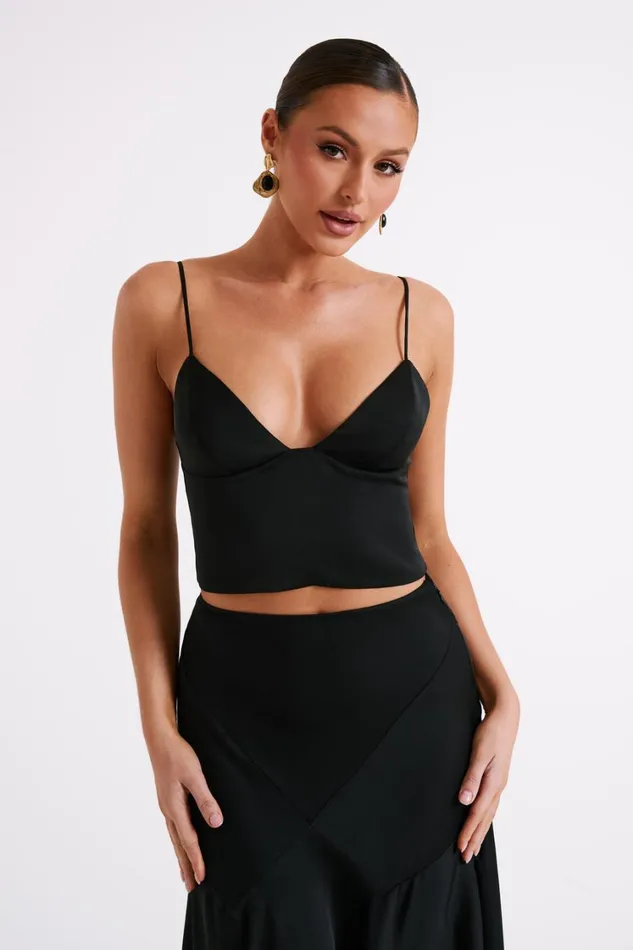 Women Meshki Tops Tia Long Line Satin Top 8211 Black