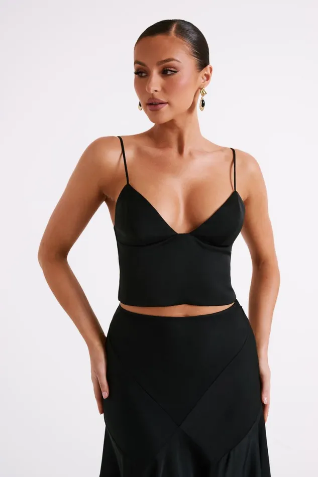 Women Meshki Tops Tia Long Line Satin Top 8211 Black