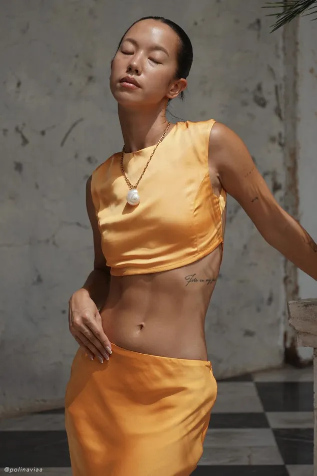 Women Meshki Tops Viviana Satin Sleeveless Crop Top 8211 Tangerine