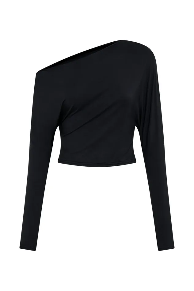 Women Meshki Tops Yasmin Asymmetrical Modal Long Sleeve Top 8211 Black