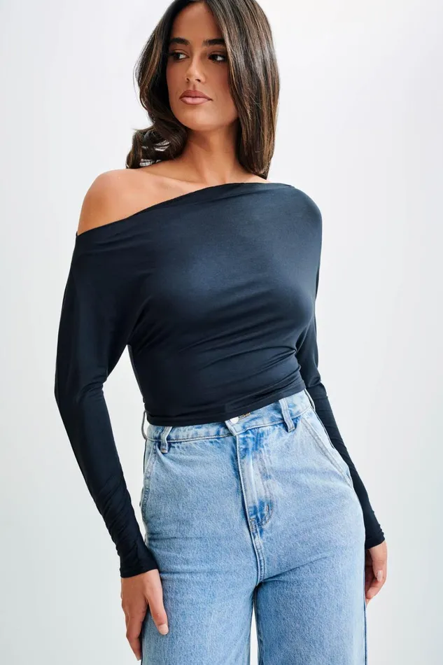 Women Meshki Tops Yasmin Asymmetrical Modal Long Sleeve Top 8211 Black
