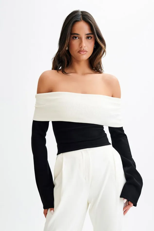 Women Meshki Tops Yoko Contrast Overlay Knit Top 8211 BlackWhite
