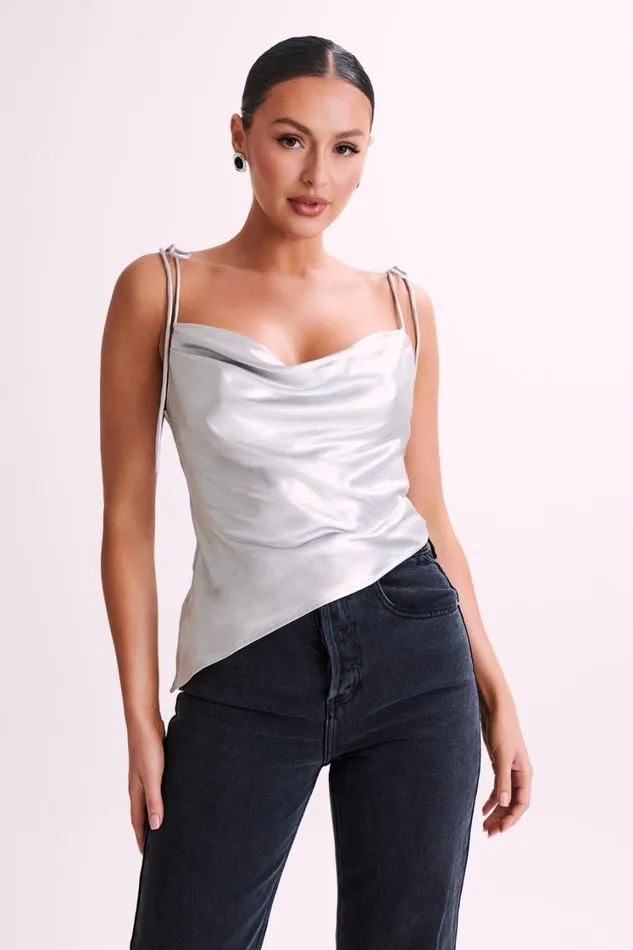 Women Meshki Tops Zavani Asymmetrical Satin Camisole 8211 Silver