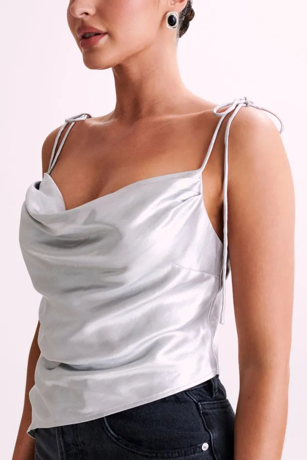 Women Meshki Tops Zavani Asymmetrical Satin Camisole 8211 Silver