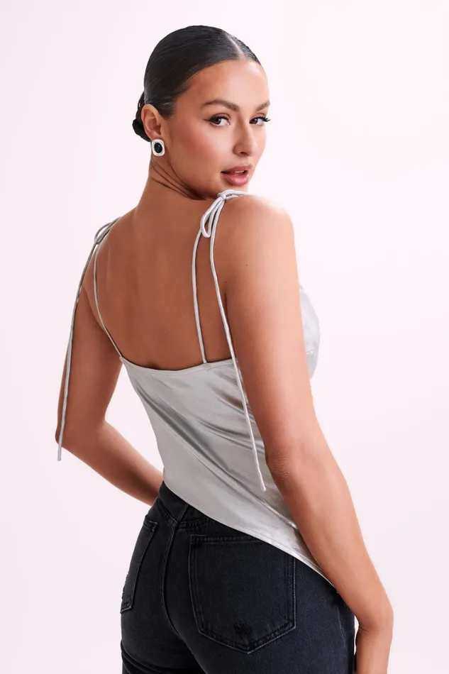 Women Meshki Tops Zavani Asymmetrical Satin Camisole 8211 Silver