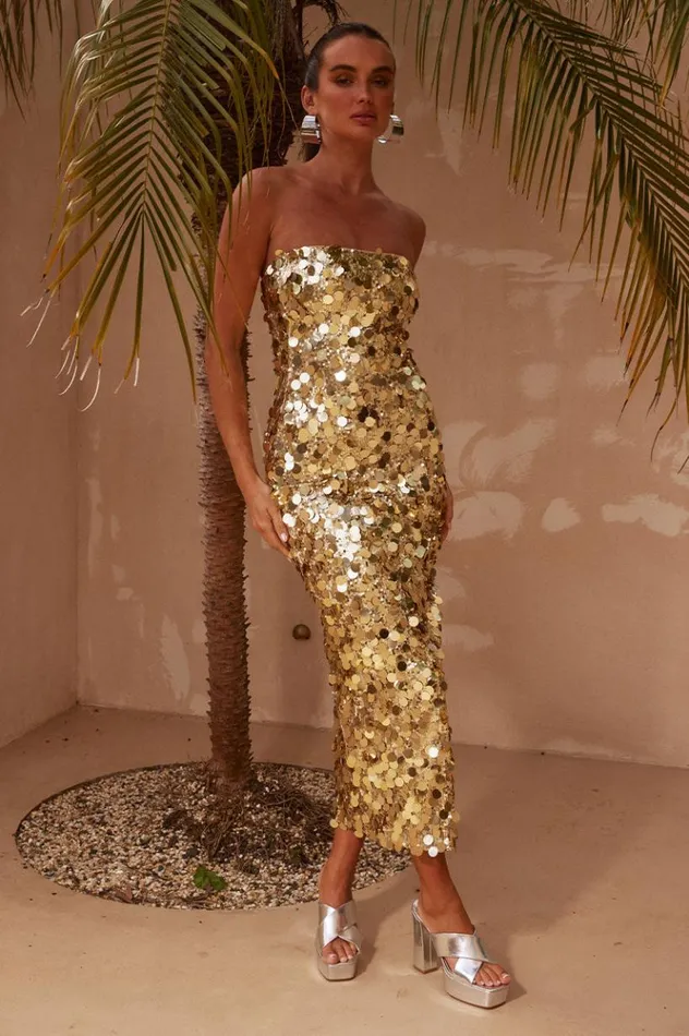 Women Midi Dresses Runaway The Label GABOURNE DRESS Gold