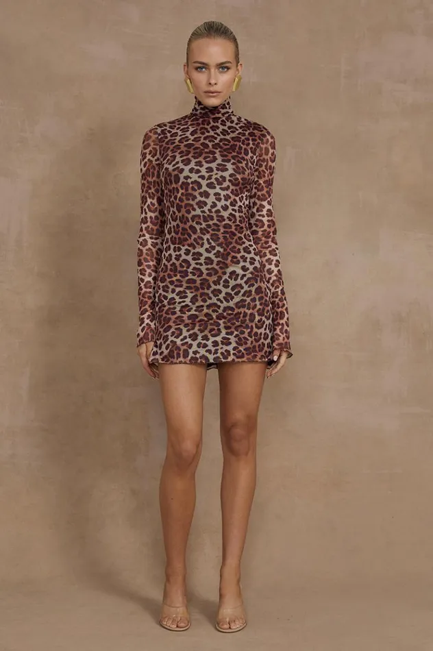 Women Mini Dresses Runaway The Label JORDI MINI DRESS Leopard Print