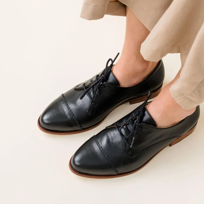 Women Nisolo Flats and Slip Ons Emilia Cap Toe Oxford Black