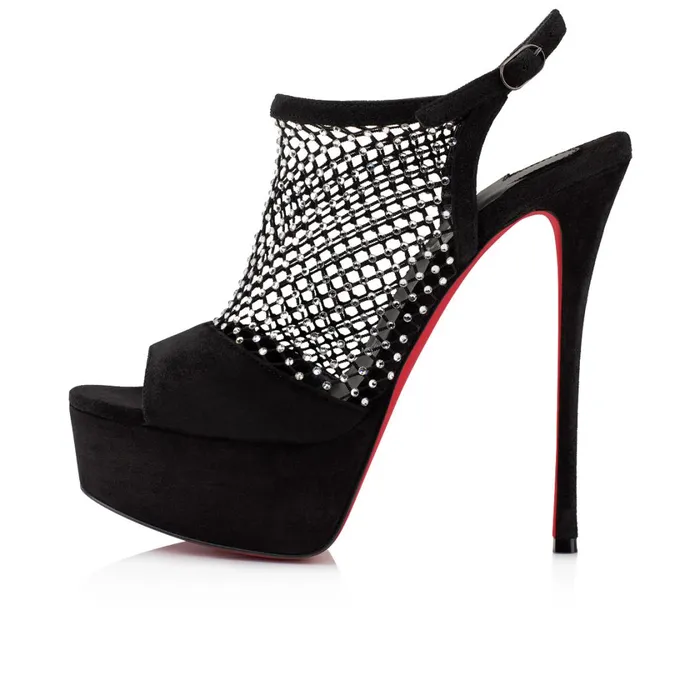 Women Plougesta Alta Strass 150 Mm Sandals 8211 Veau Velours Mesh And Strass 8211 Black Black Christian Louboutin Sandals and Slides