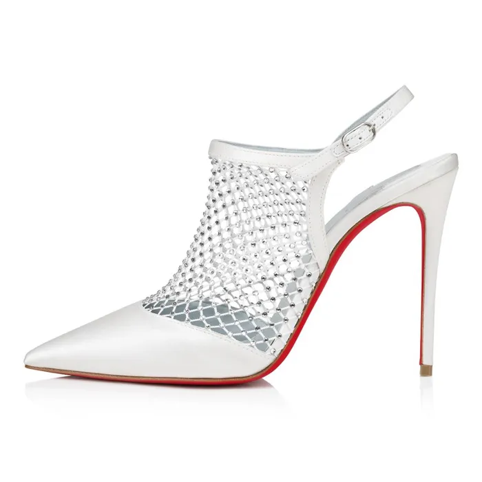 Women Plougesta Pump Strass 100 Mm Pumps 8211 Crepe Satin Mesh And Strass 8211 Ivory White Christian Louboutin Pumps