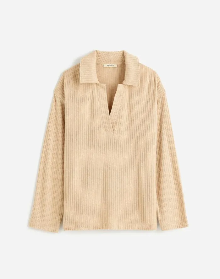 Women Plus Relaxed LongSleeve Polo Tee Hthr Soft Fawn Madewell Tees