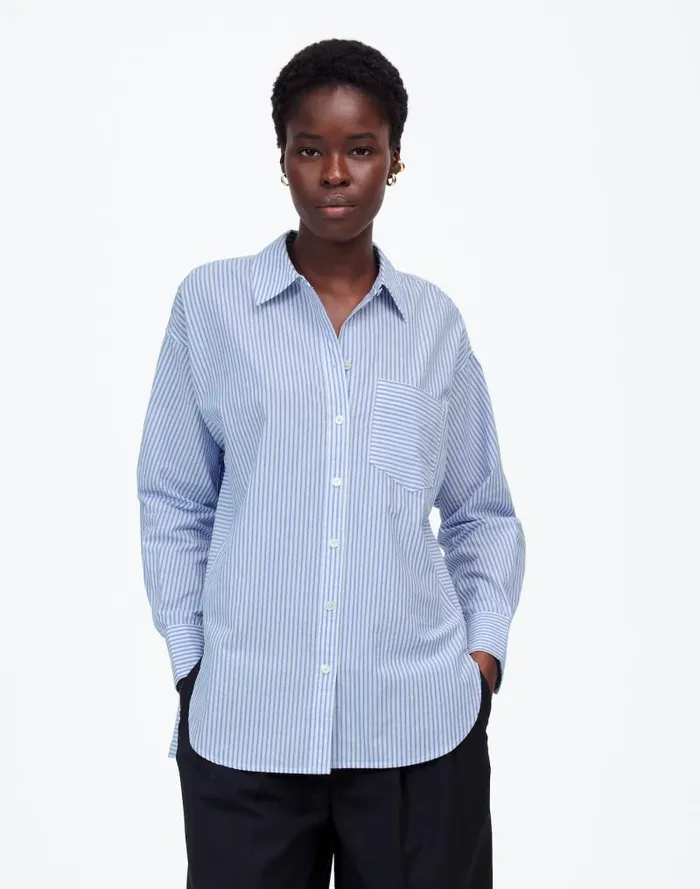 Women Poplin SidePanel Shirt Dbl Weave Blue And White St Madewell Tops and Shirts