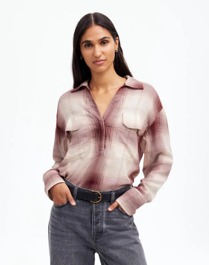 Women Popover Shirt In Plaid Cabernet Madewell Tops and Shirts