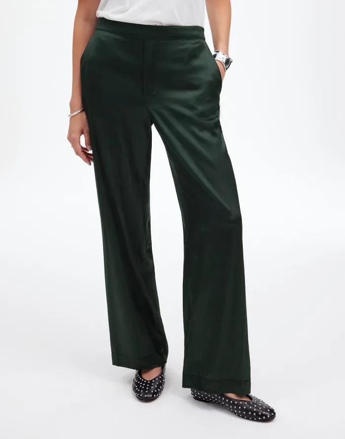 Women PullOn Straight Pants In Stretch Satin Luxury Forest Madewell Pants