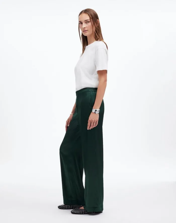 Women PullOn Straight Pants In Stretch Satin Luxury Forest Madewell Pants