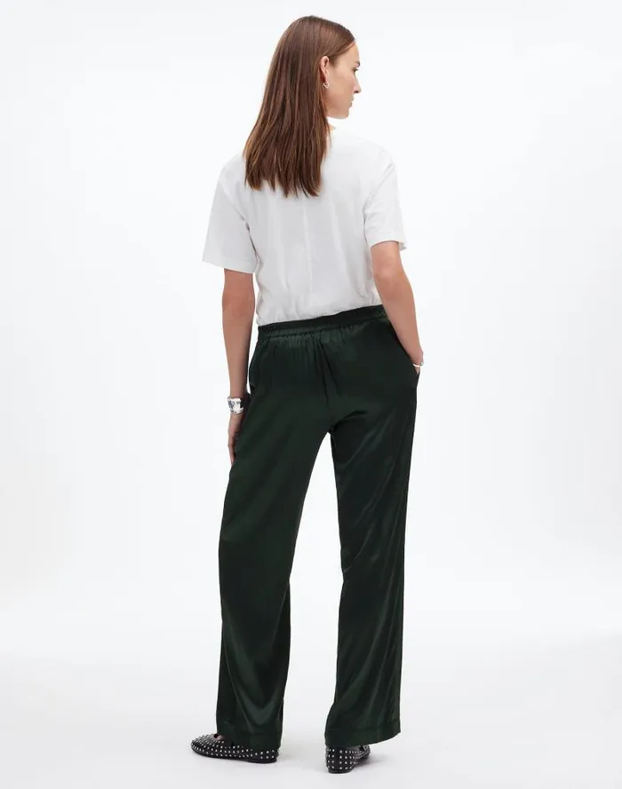 Women PullOn Straight Pants In Stretch Satin Luxury Forest Madewell Pants