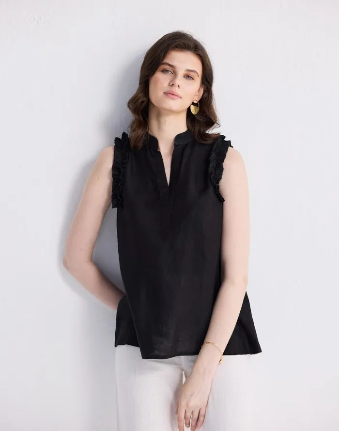 Women Reistor Sleeveless 100 Hemp Top With Ruffles In Black Black Madewell Tops and Shirts