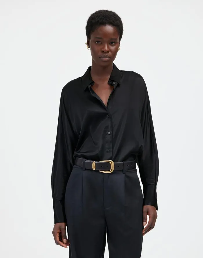Women Relaxed Dolman ButtonUp Shirt In Satin True Black Madewell Tops and Shirts Women Relaxed Dolman ButtonUp Shirt In Satin True Black Madewell Tops and Shirts