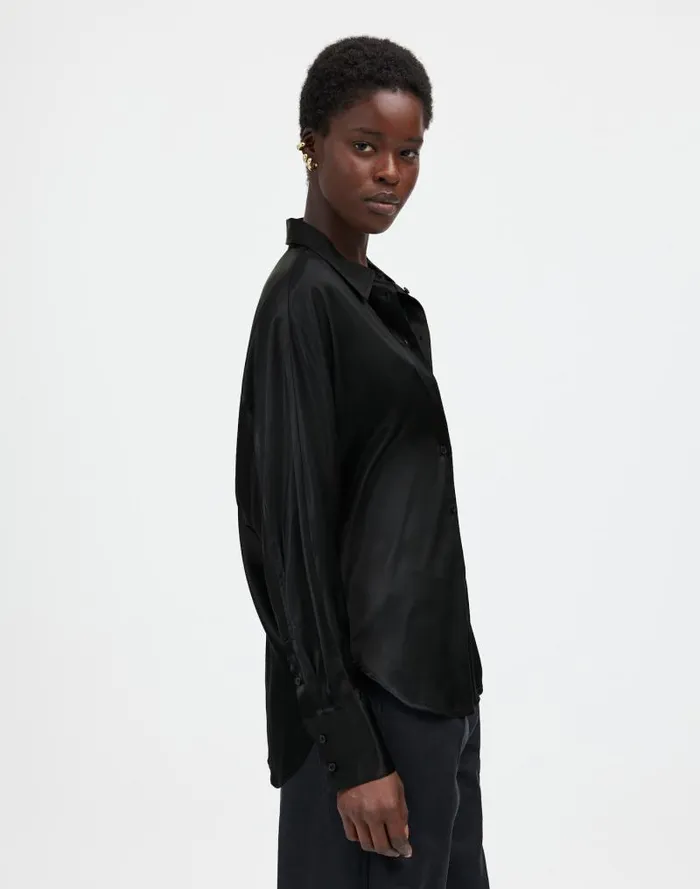 Women Relaxed Dolman ButtonUp Shirt In Satin True Black Madewell Tops and Shirts