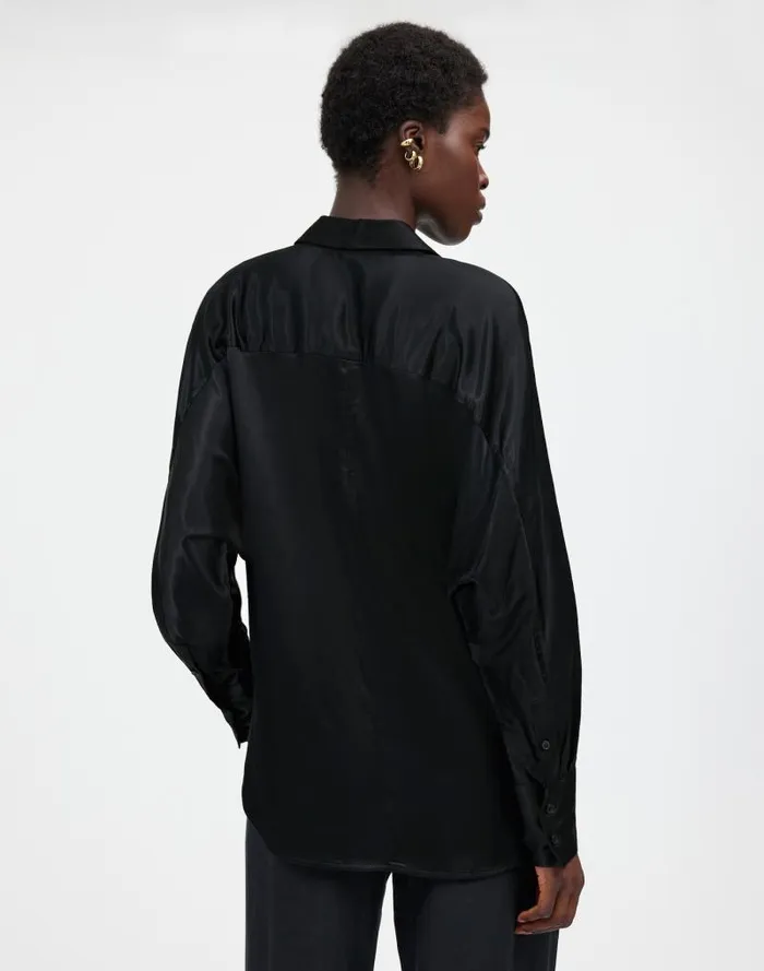 Women Relaxed Dolman ButtonUp Shirt In Satin True Black Madewell Tops and Shirts