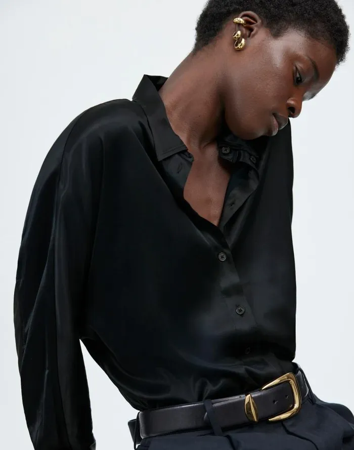 Women Relaxed Dolman ButtonUp Shirt In Satin True Black Madewell Tops and Shirts