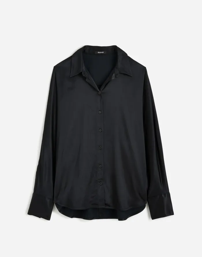 Women Relaxed Dolman ButtonUp Shirt In Satin True Black Madewell Tops and Shirts