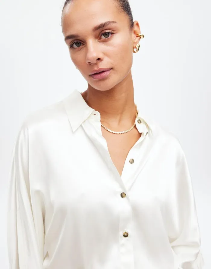 Women Relaxed Dolman ButtonUp Shirt In Satin Winter White Madewell Tops and Shirts Women Relaxed Dolman ButtonUp Shirt In Satin Winter White Madewell Tops and Shirts