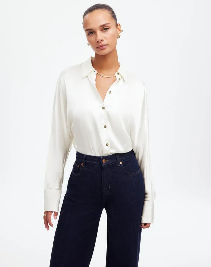 Women Relaxed Dolman ButtonUp Shirt In Satin Winter White Madewell Tops and Shirts