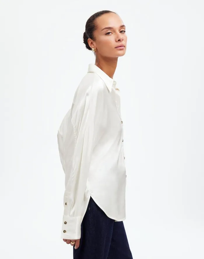 Women Relaxed Dolman ButtonUp Shirt In Satin Winter White Madewell Tops and Shirts