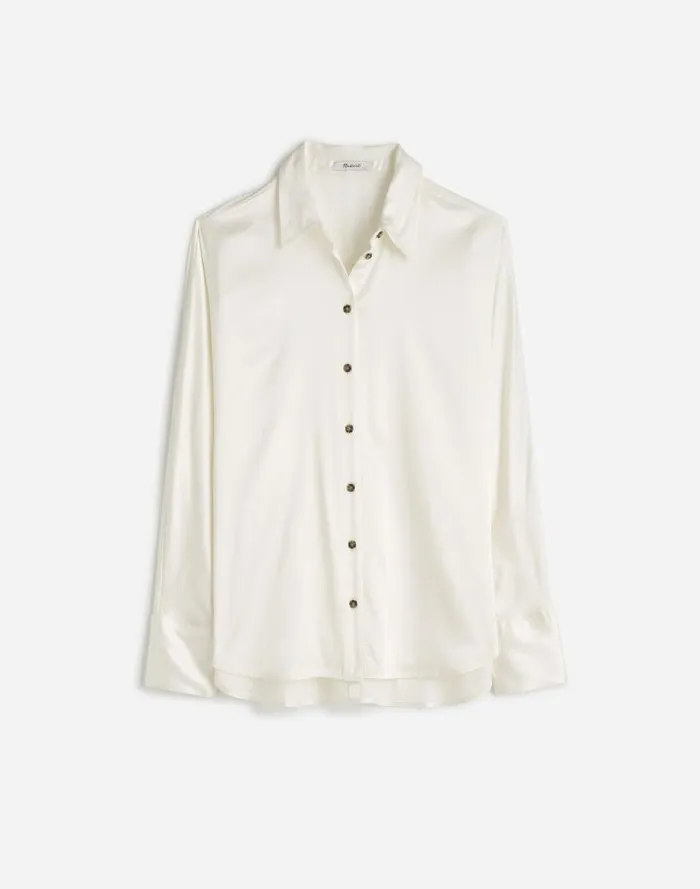 Women Relaxed Dolman ButtonUp Shirt In Satin Winter White Madewell Tops and Shirts