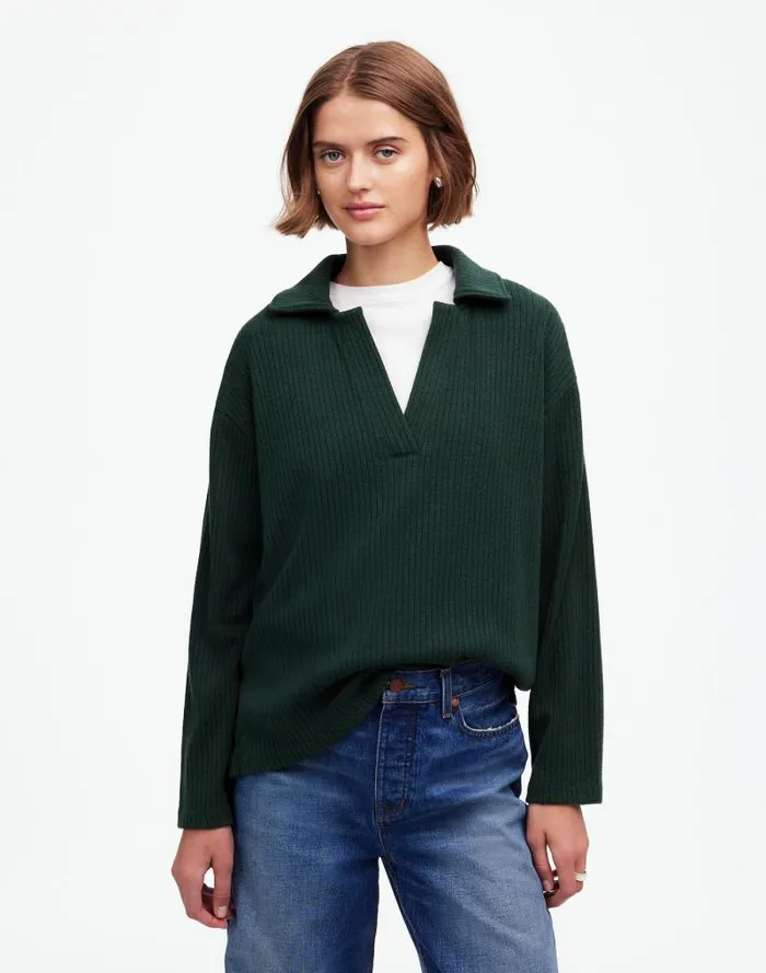 Women Relaxed LongSleeve Polo Tee Hthr Obsidian Madewell Sweaters
