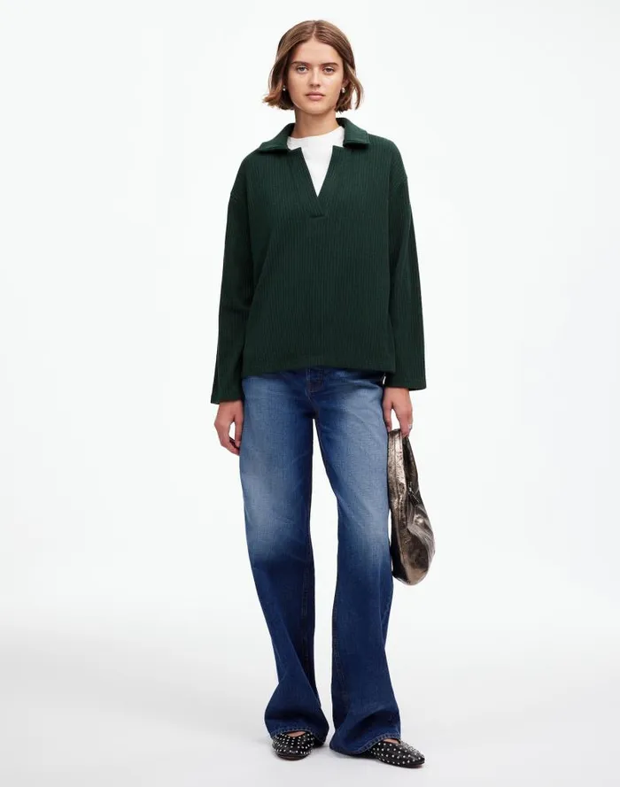 Women Relaxed LongSleeve Polo Tee Hthr Obsidian Madewell Sweaters
