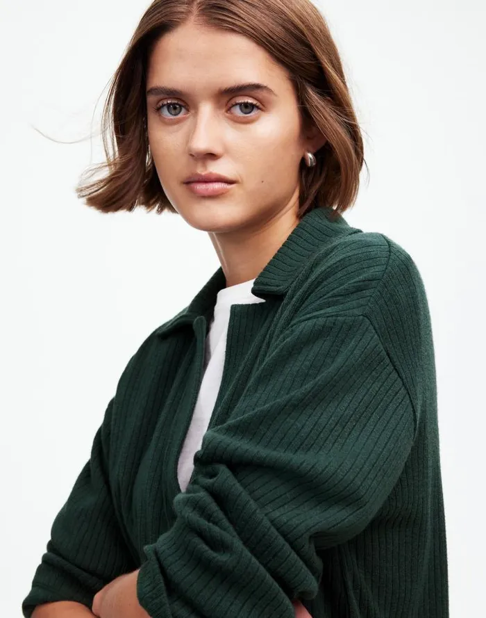 Women Relaxed LongSleeve Polo Tee Hthr Obsidian Madewell Sweaters