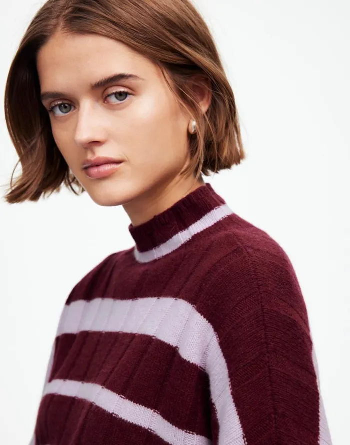 Women Ribbed CashmereWool Blend Pullover Sweater Cabernet Stripe Madewell Sweaters