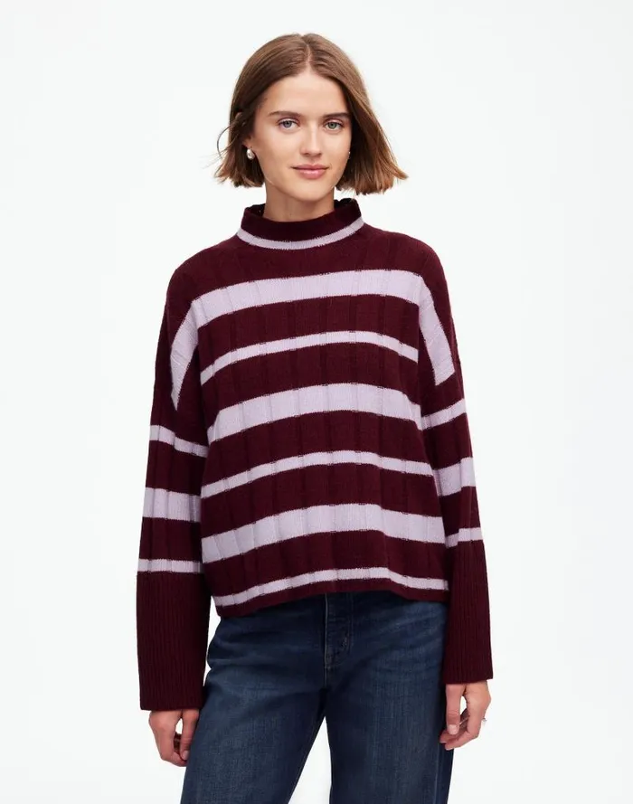 Women Ribbed CashmereWool Blend Pullover Sweater Cabernet Stripe Madewell Sweaters